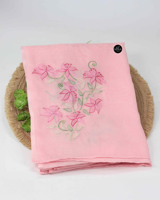 Light Pink Organza Saree with Floral Shadow Embroidery and Bead Work
