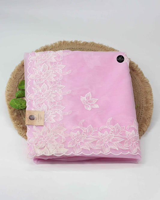 Light Lavender Rose Saree with Floral Machine Embroidery