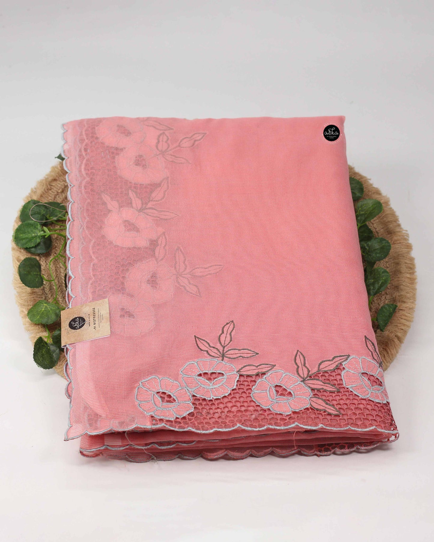 Peach Kota Saree with Floral Cutwork