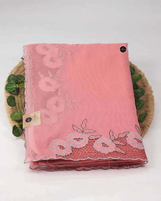 Peach Kota Saree with Floral Cutwork