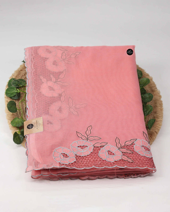 Peach Kota Saree with Floral Cutwork
