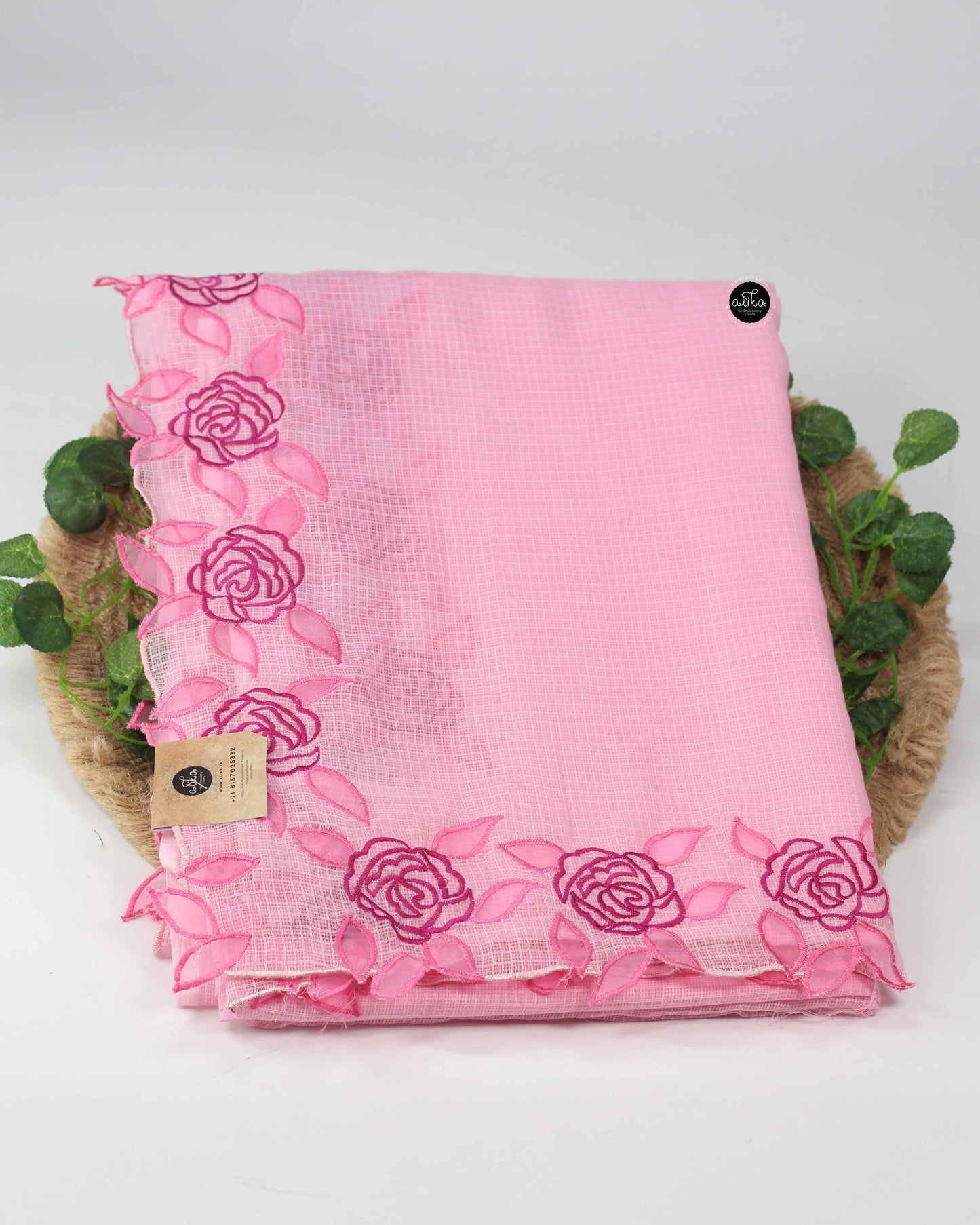 Baby Pink Cotton Kota Saree with Applique Border
