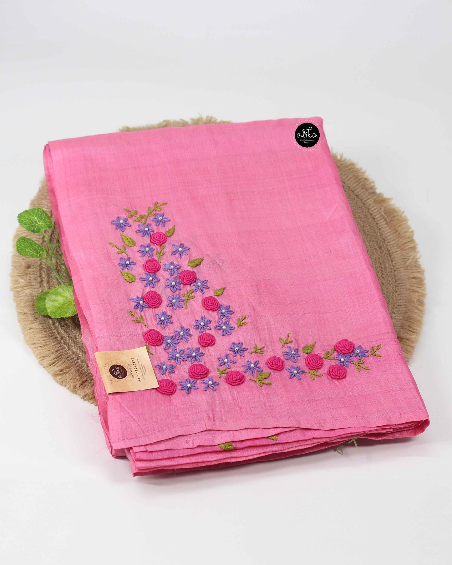 Magenta Rose Tussar Silk Saree with Floral Hand Embroidery