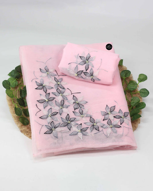 Light Pink Kota Saree with Floral Shadow Work Embroidery