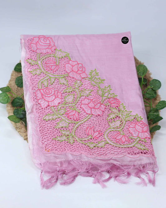 Lavender Rose Semi Tussar Silk Saree with Twine Cutwork