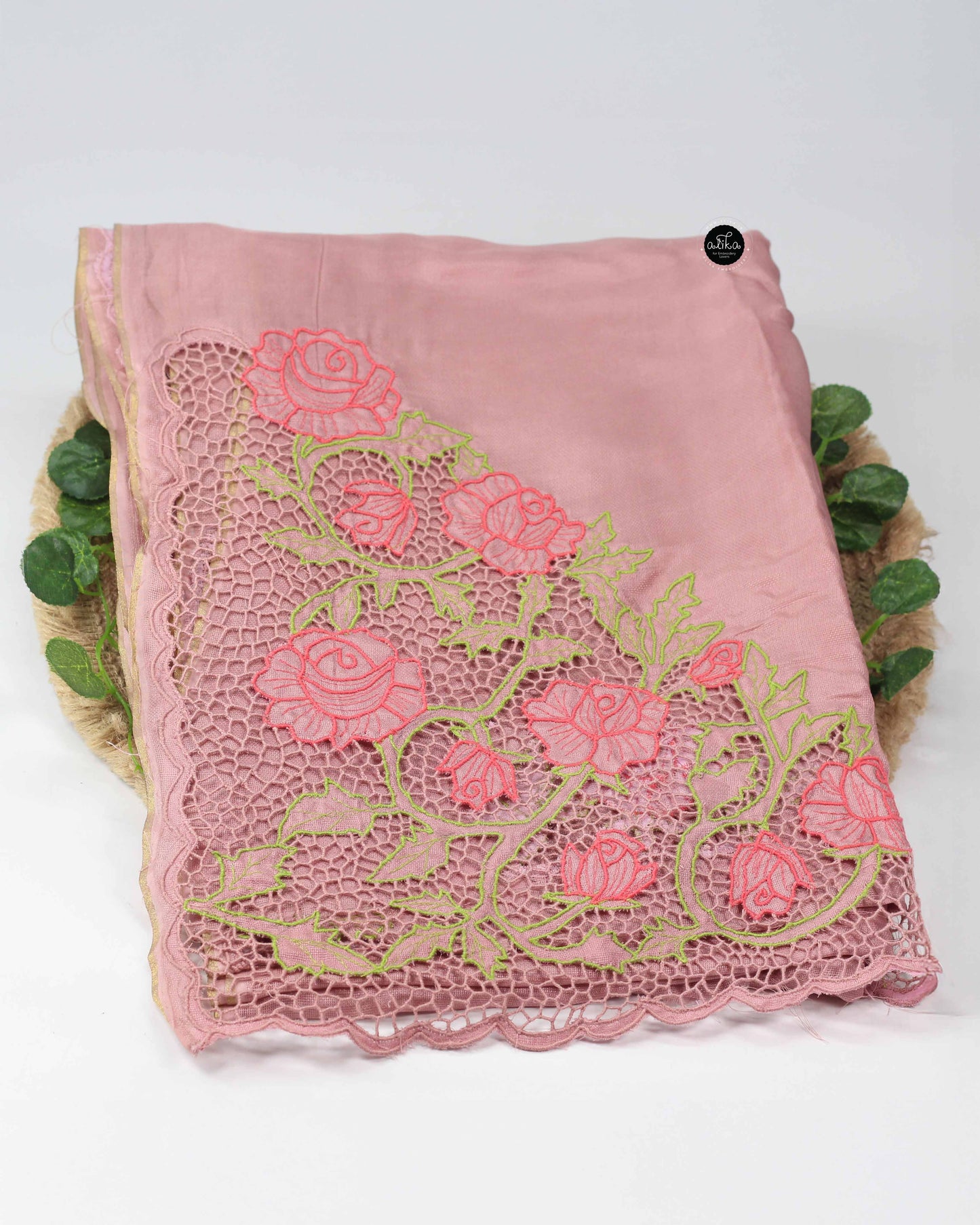 Peach Crispy Georgette Saree with Floral Cutwork