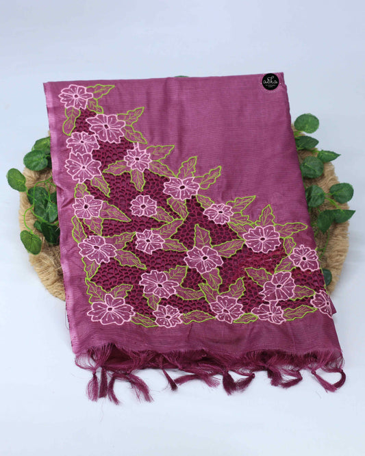 Magenta Pink Semi Tussar Silk Saree with Floral Twine Cutwork