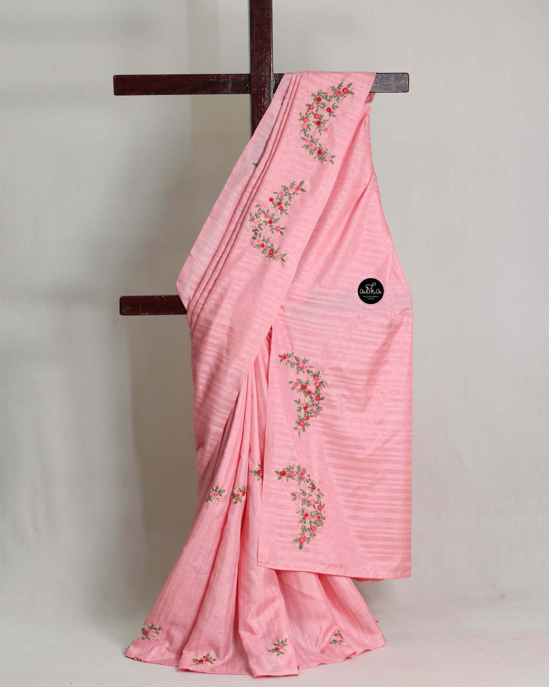 Blush Pink Semi Silk Saree with Floral Hand Embroidery