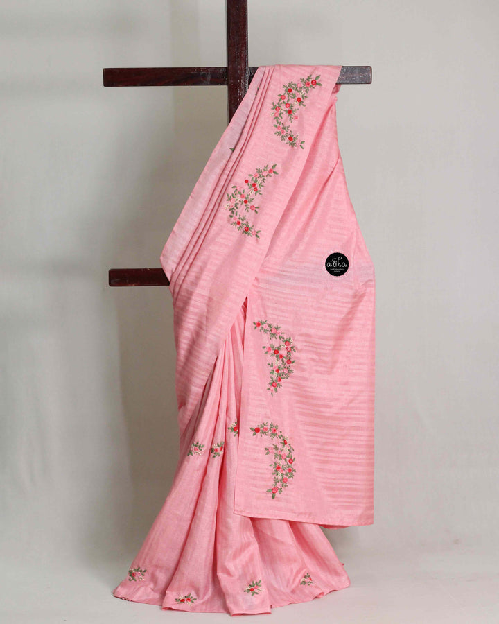 Blush Pink Semi Silk Saree with Floral Hand Embroidery