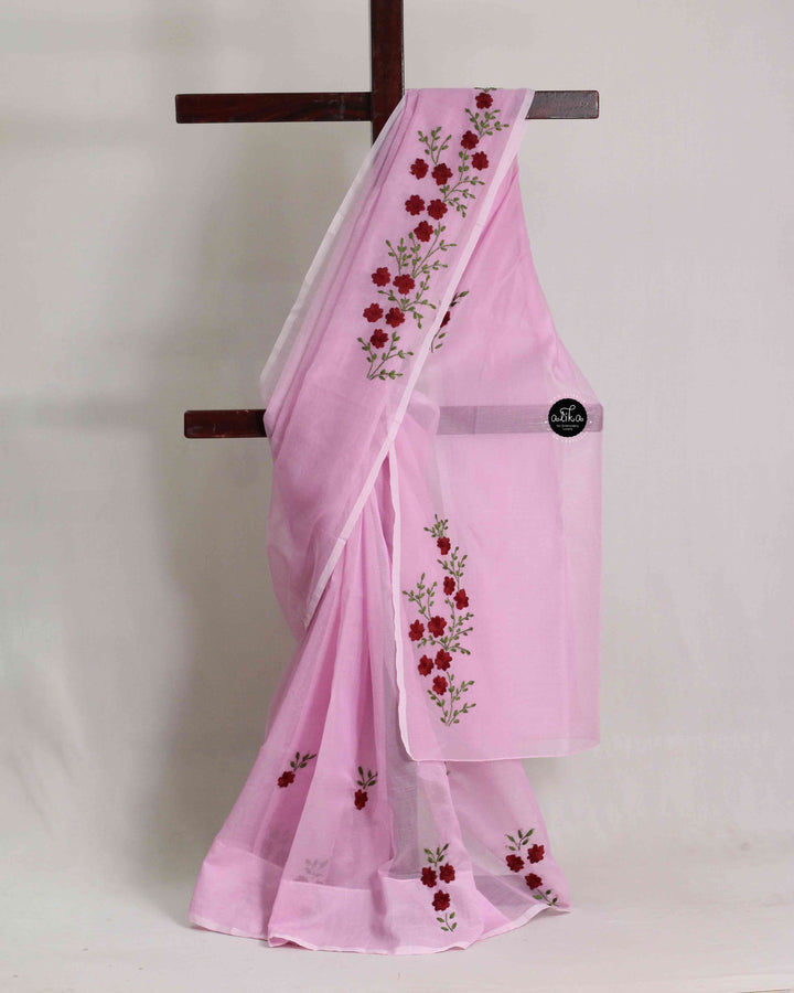 Lavender Rose Kota Saree with Floral Hand Embroidery