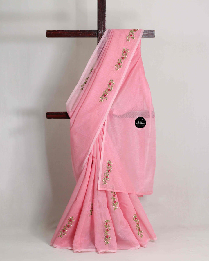 Blush Pink Kota Saree with Floral Hand Embroidery