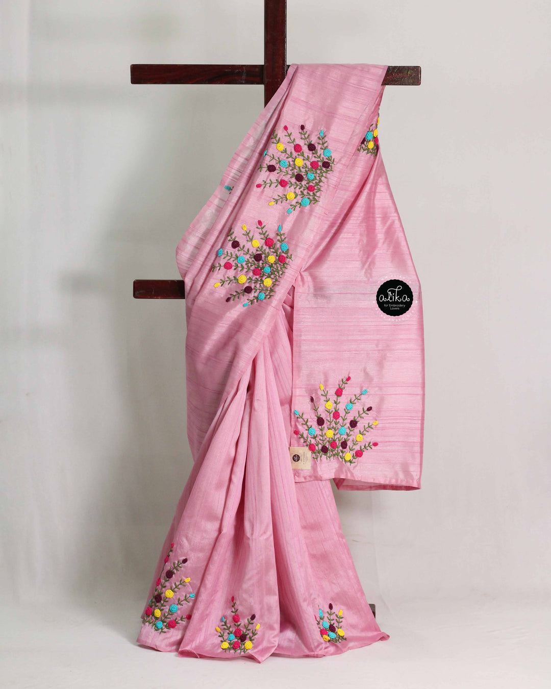 Rose Pink Designer Silk Saree with Multi Colour Floral Hand Embroidery