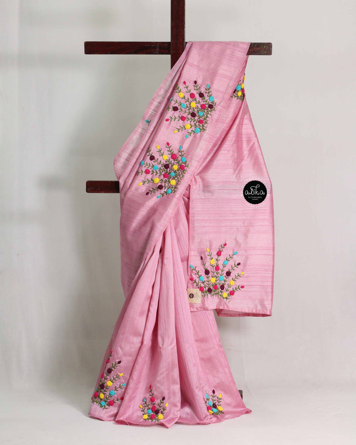 Rose Pink Designer Silk Saree with Multi Colour Floral Hand Embroidery