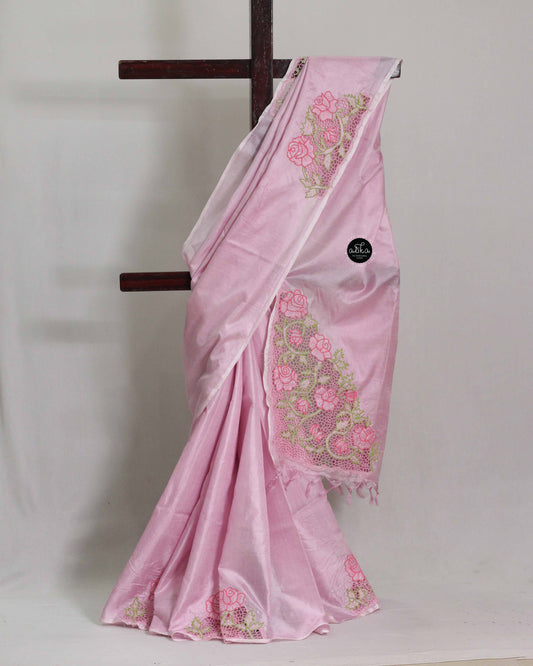 Lavender Rose Semi Tussar Silk Saree with Twine Cutwork