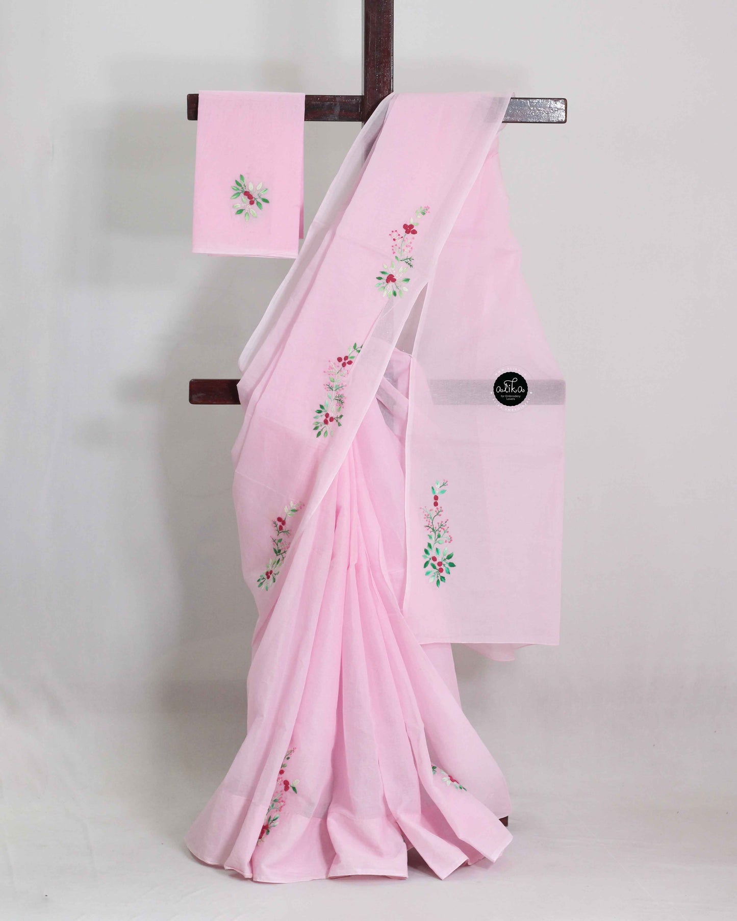 Light Pink Organdy Saree with Floral Hand Embroidery