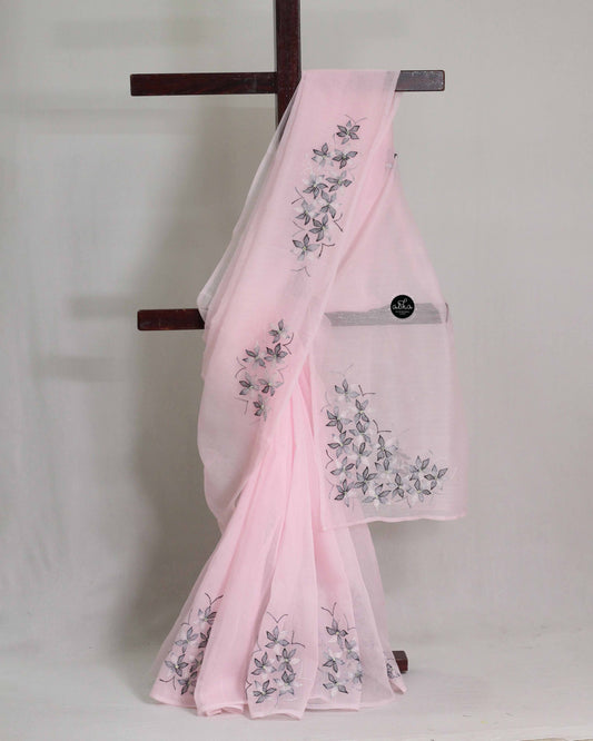 Light Pink Kota Saree with Floral Shadow Work Embroidery