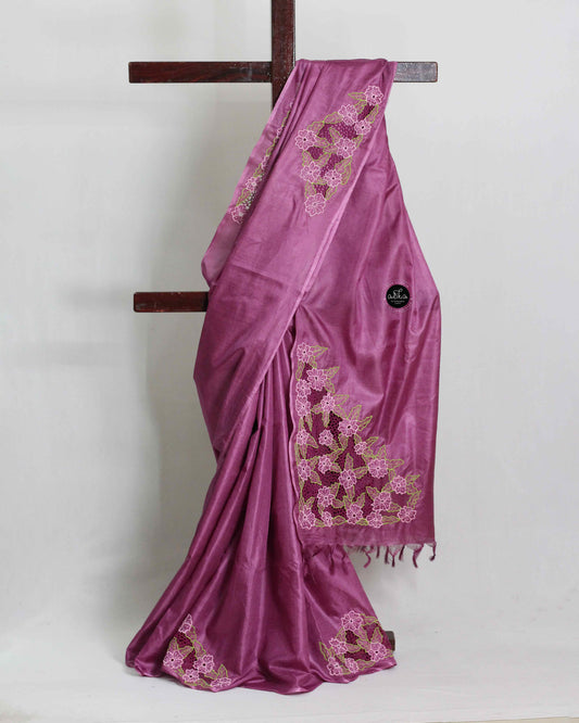 Magenta Pink Semi Tussar Silk Saree with Floral Twine Cutwork