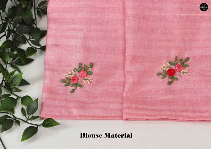 Blush Pink Semi Silk Saree with Floral Hand Embroidery