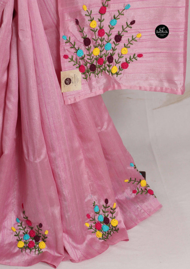 Rose Pink Designer Silk Saree with Multi Colour Floral Hand Embroidery