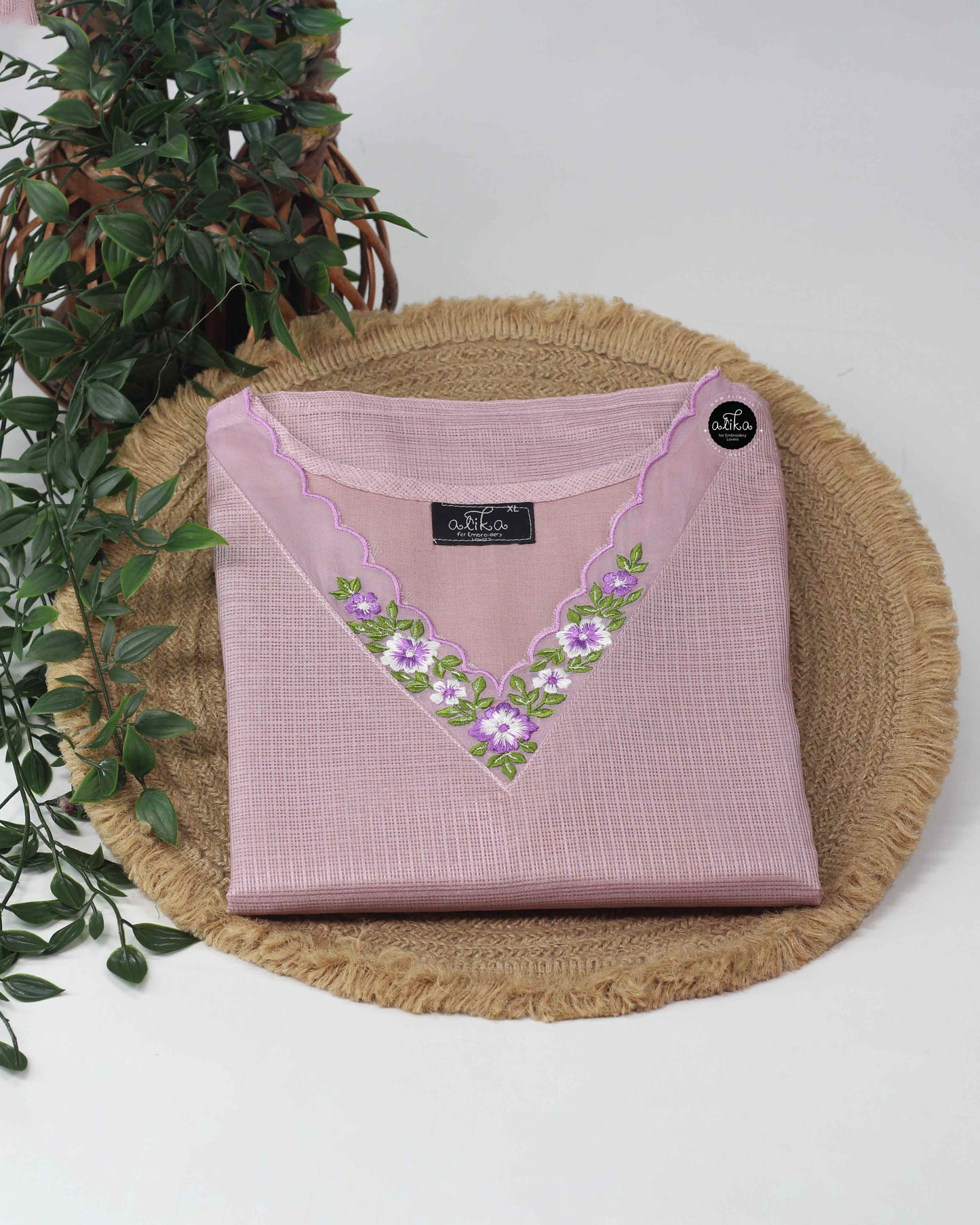 Lilac Stitched Kurti with Floral Embroidery on Neckline & Sleeves