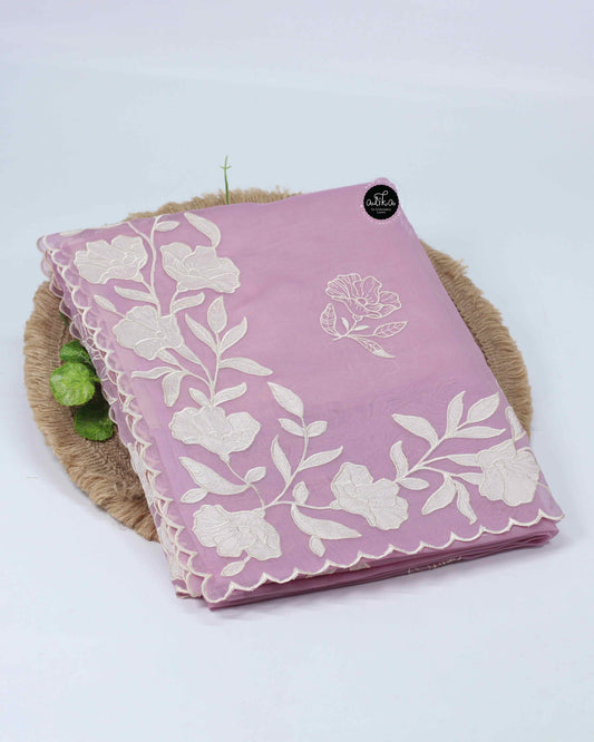 Lavender Organza Party Wear Saree with Appliqué Work & Off-White Blouse – Alika Fashion Store