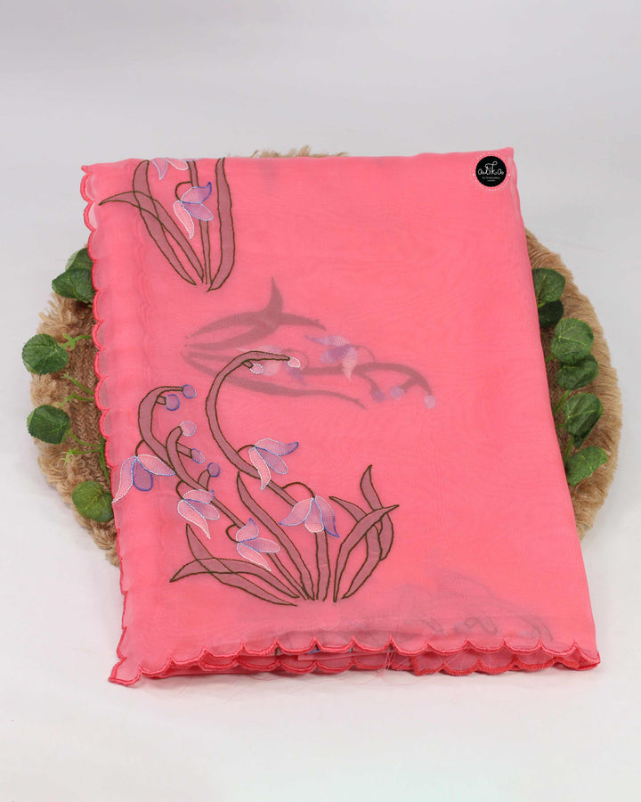 Peach Organza Saree with Floral Hand Embroidery