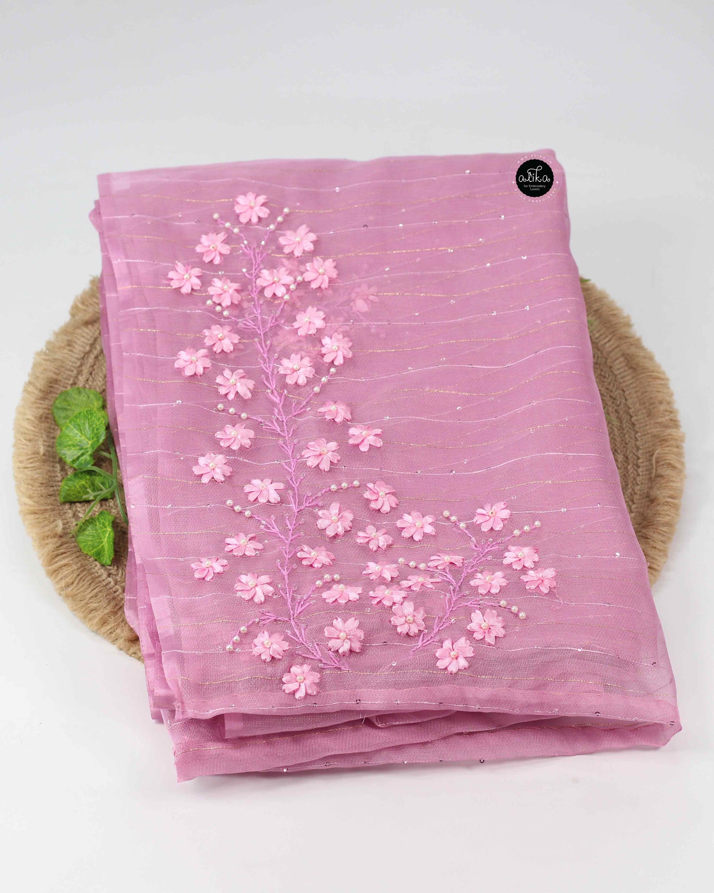 Pink Sequinned Organza Saree with Floral Ribbon Embroidery