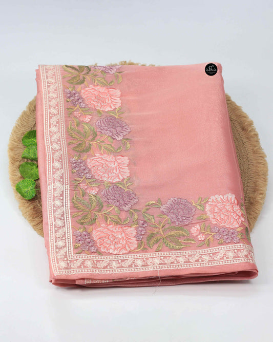 Peach Semi Organza Saree with Floral machine Embroidery border