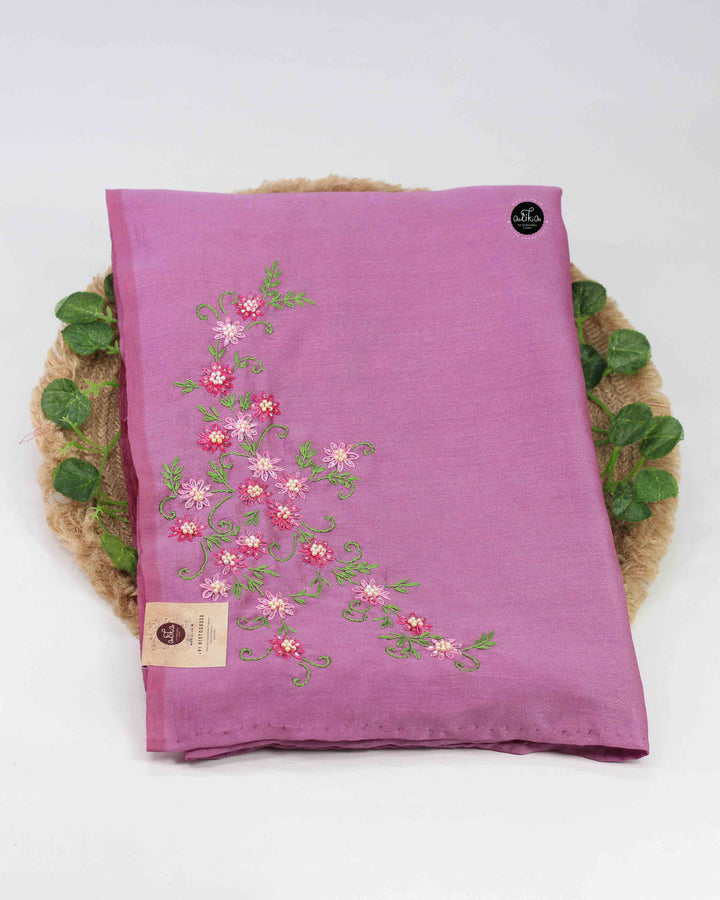 Lavender Pink Semi Silk Saree with Floral Hand Embroidery and Bead Work