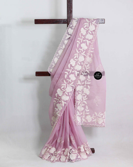 Lavender Organza Party Wear Saree with Appliqué Work & Off-White Blouse – Alika Fashion Store