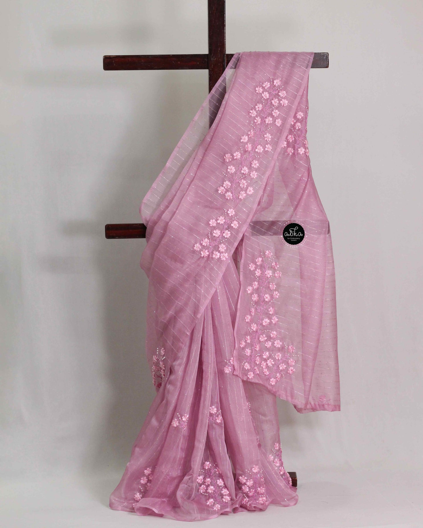 Pink Sequinned Organza Saree with Floral Ribbon Embroidery