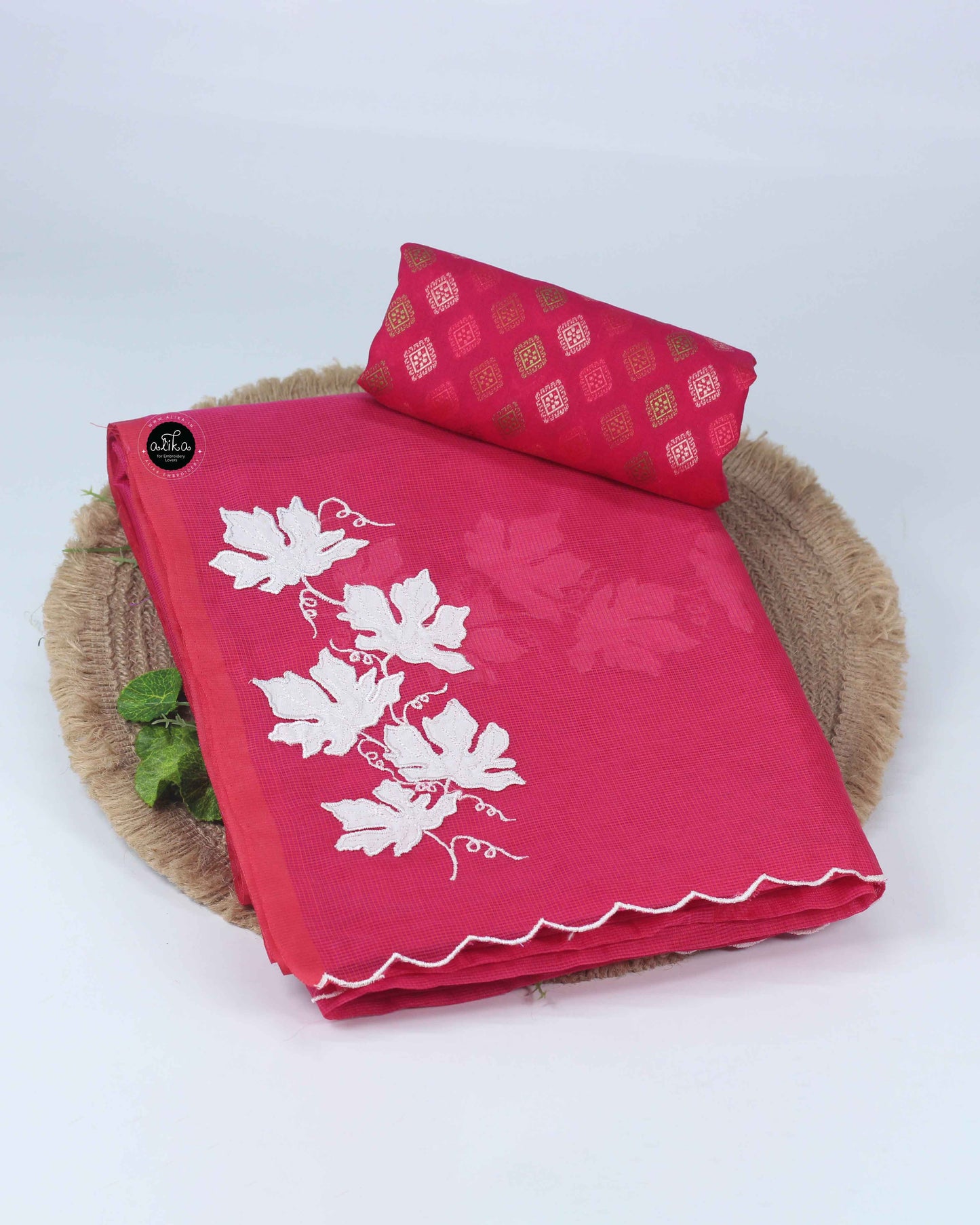 Raspberry Pink Kota Saree with Floral Appliqué Work