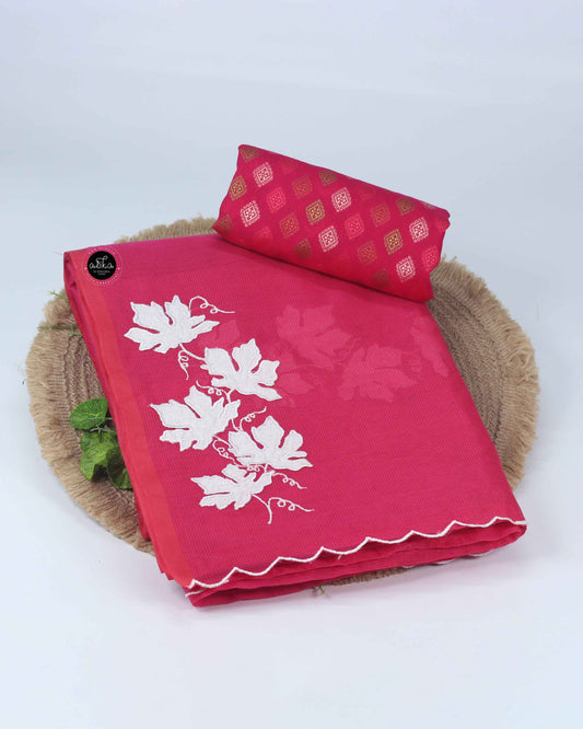 Raspberry Pink Kota Saree with Floral Appliqué Work