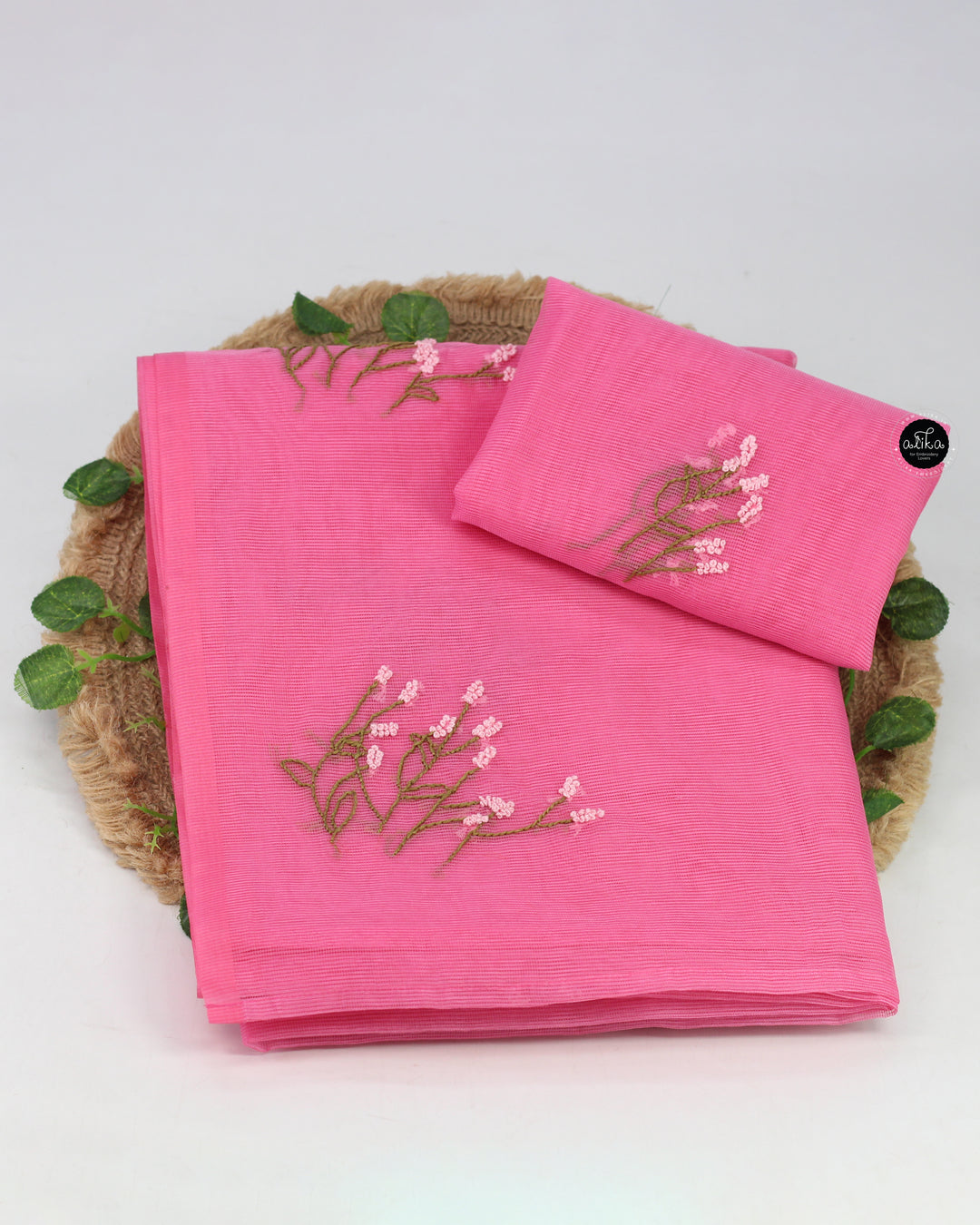 Pink Kota Saree with Floral Hand Embroidery