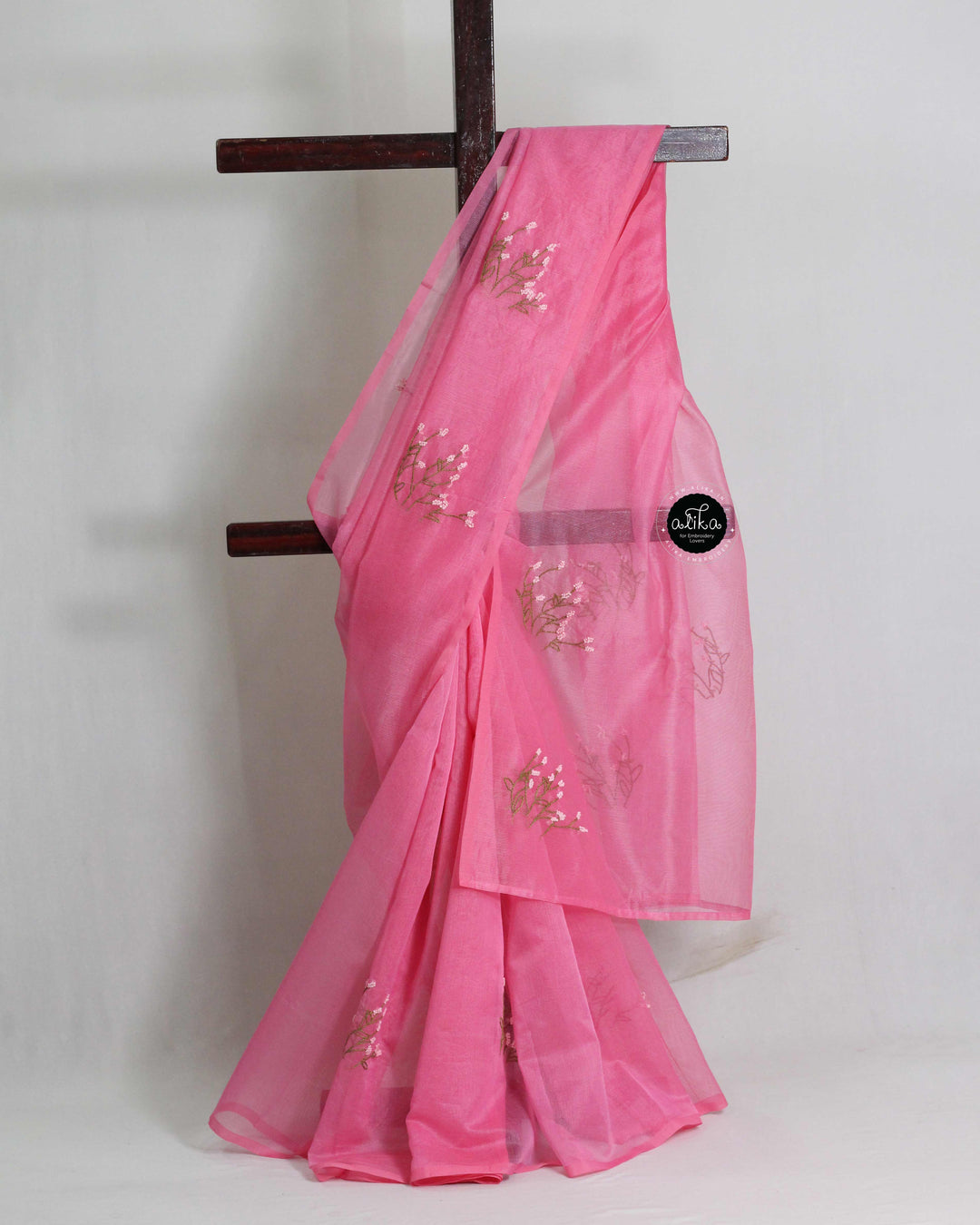 Pink Kota Saree with Floral Hand Embroidery