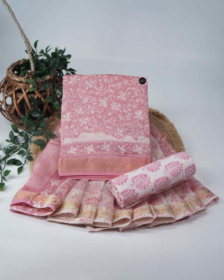Pink &amp; White Mangalgiri Silk Unstitched Salwar Set with Floral Print