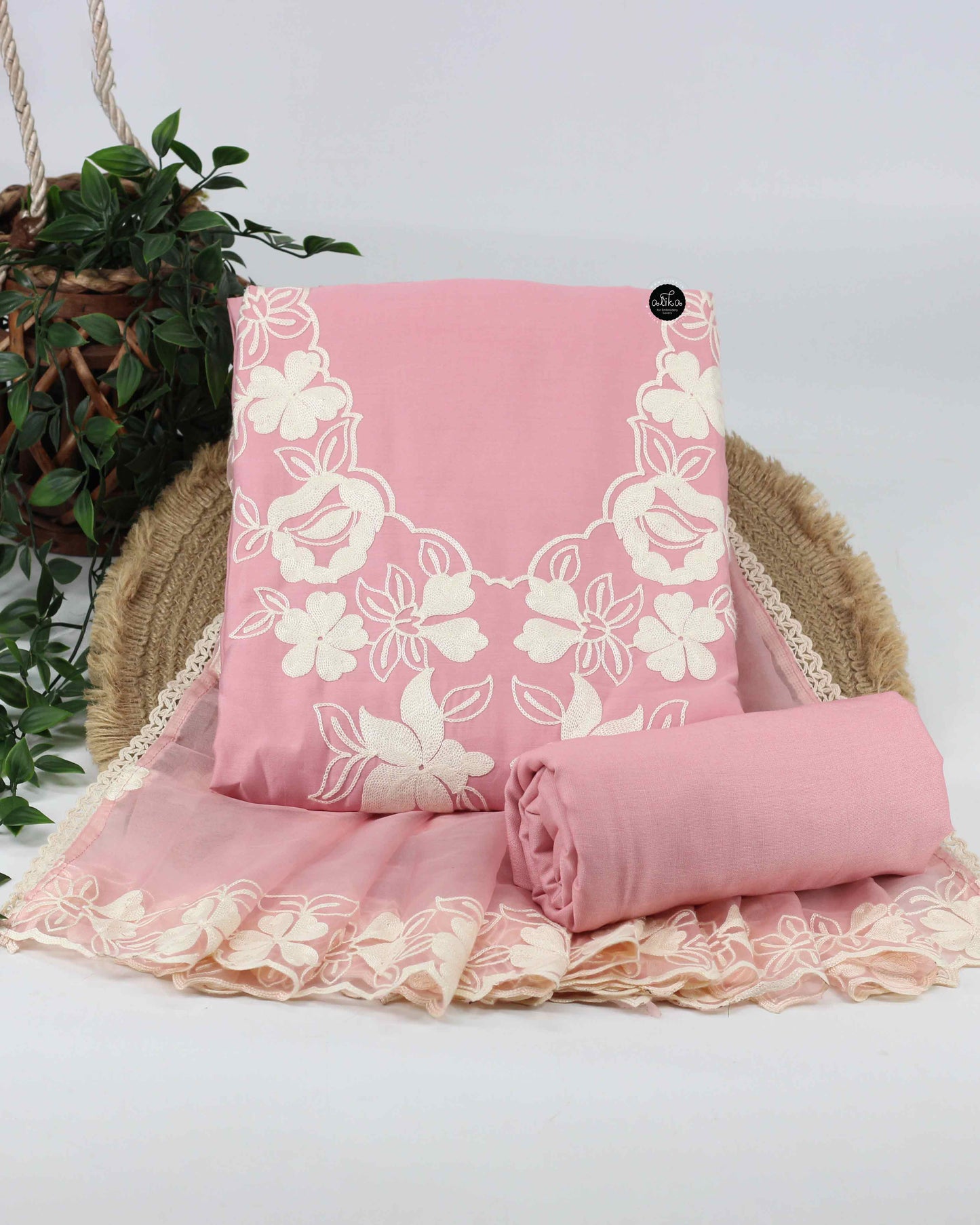 Blush Pink Semi-Silk Unstitched Salwar Set with Floral Machine Embroidery