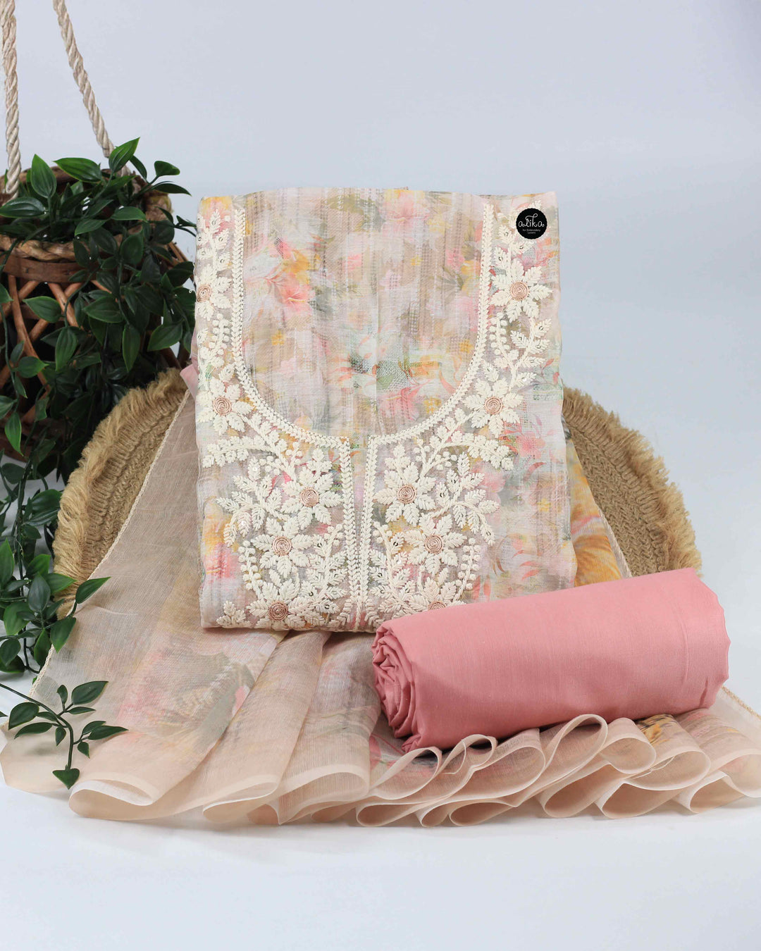 Light Beige &amp; Peach chanderi Unstitched Salwar set with Chikankari work