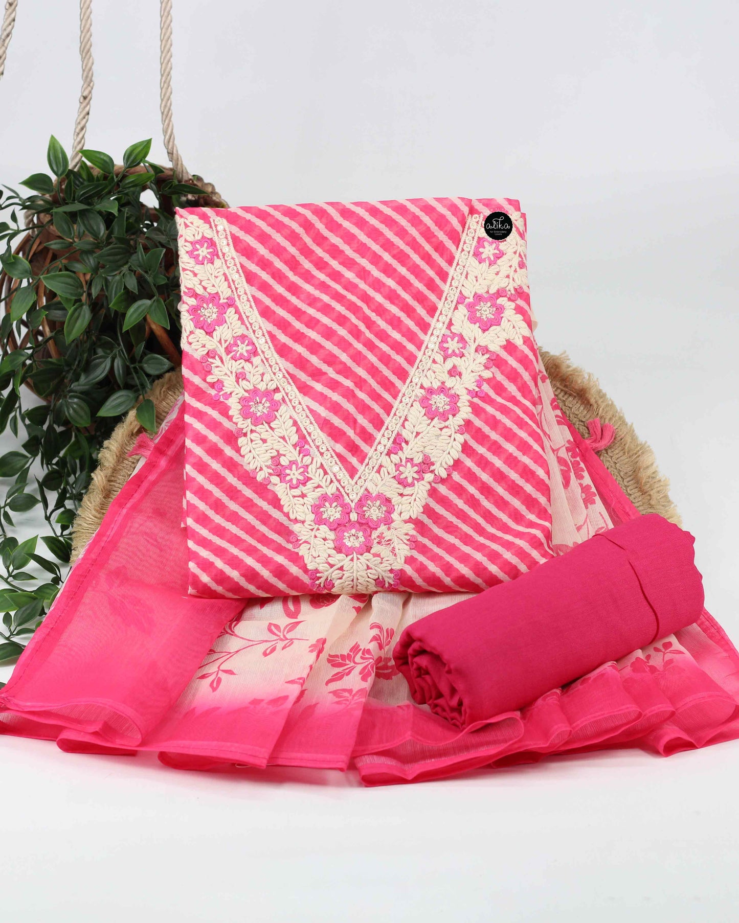 Bright Pink Chanderi Unstitched Salwar Set with Floral Hand Embroidery & Prints