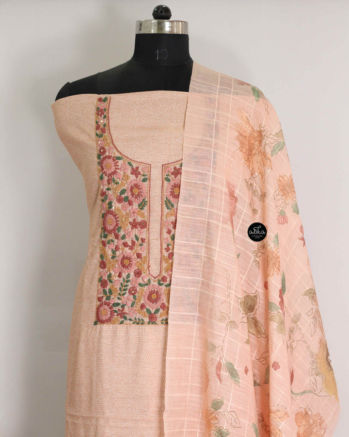 Light Orange Chanderi Cotton Unstitched Salwar Set with Floral Hand Embroidery