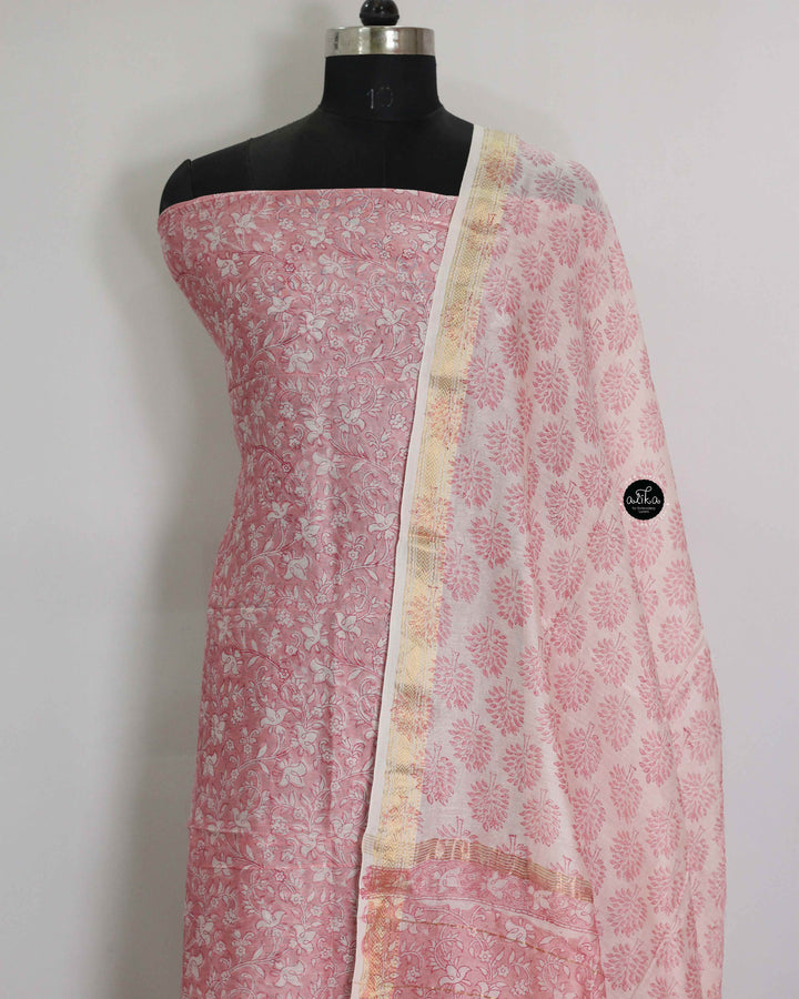 Pink &amp; White Mangalgiri Silk Unstitched Salwar Set with Floral Print
