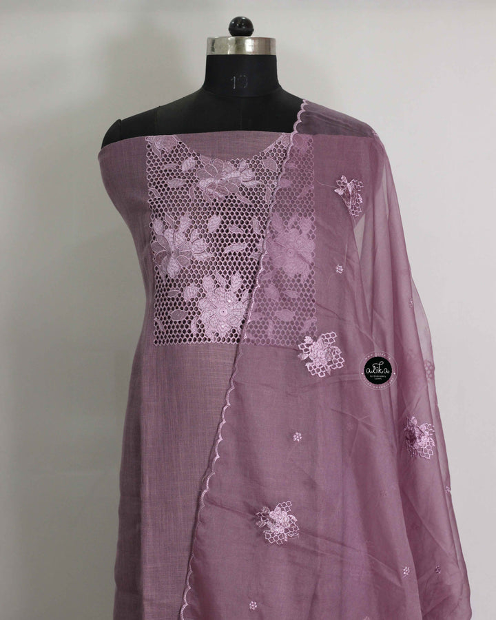 Mauve Linen Unstitched Salwar Suit with Floral Cutwork