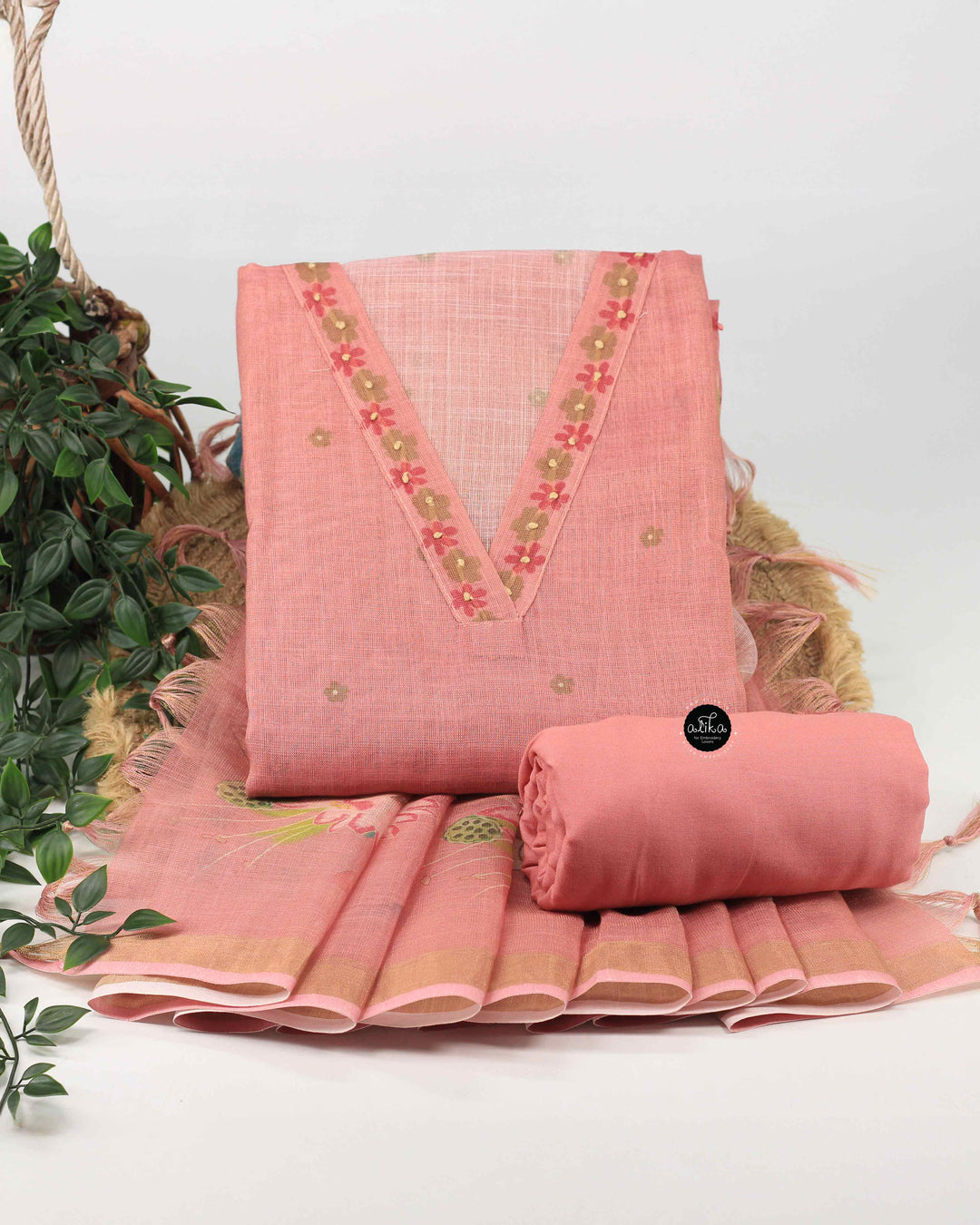 Peach semi tissue Unstitched Salwar Set with Floral Prints and Mirror Work