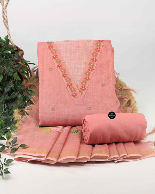 Peach semi tissue Unstitched Salwar Set with Floral Prints and Mirror Work