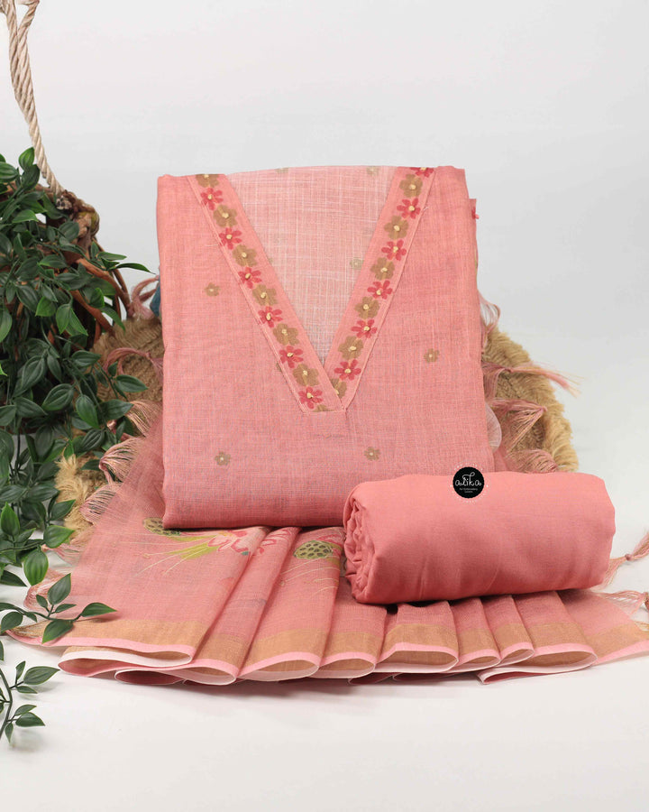 Peach semi tissue Unstitched Salwar Set with Floral Prints and Mirror Work