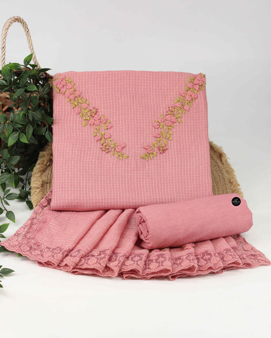 Peach Pure Cotton Unstitched Salwar Set with Floral Hand Embroidery & Lace Dupatta
