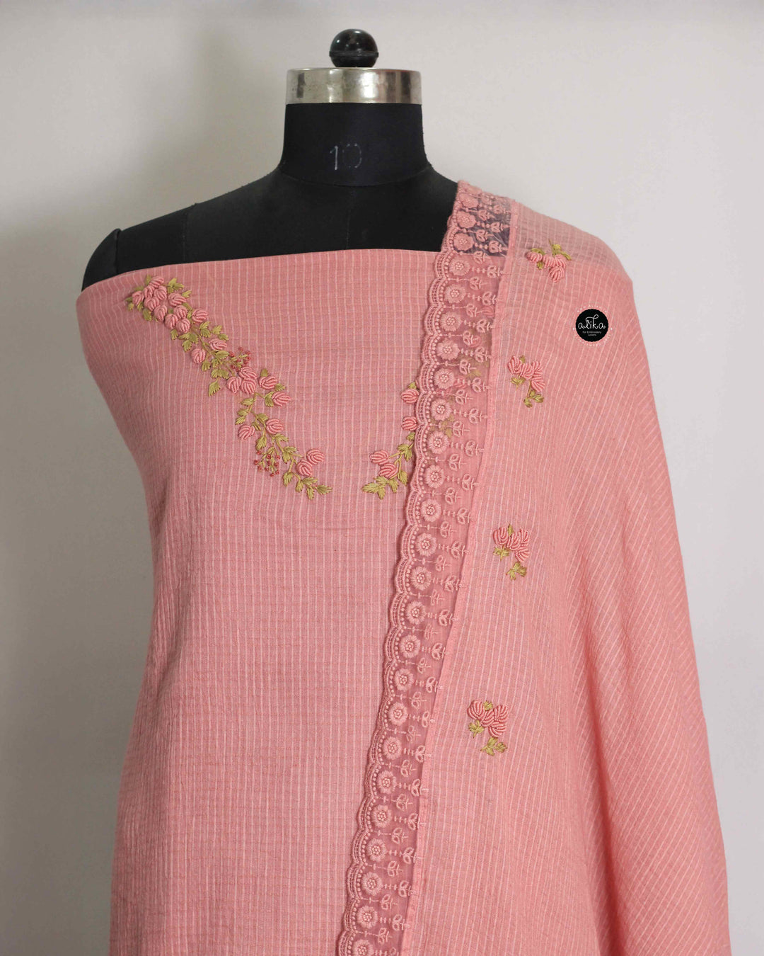 Peach Pure Cotton Unstitched Salwar Set with Floral Hand Embroidery &amp; Lace