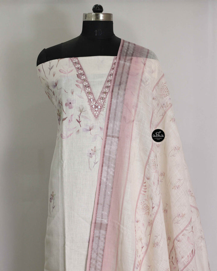Off-White &amp; Pink linen Unstitched Salwar Set with Floral Prints &amp; Mirror