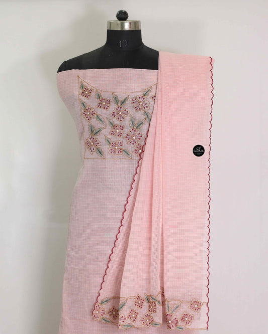 Blush Peach Kota Unstitched Top & Dupatta with Floral Embroidery