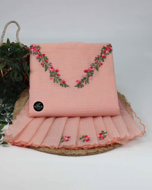 Pastel Peach Kota Unstitched Top & Dupatta Set with Floral Hand Embroidery – Alika Fashion Store